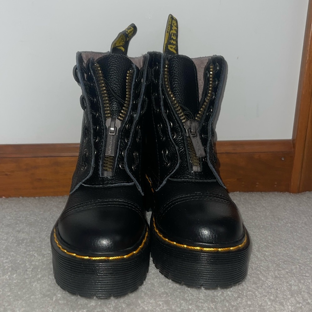 Dr. Martens Black Leather Platform Combat Boots with Yellow Stitching